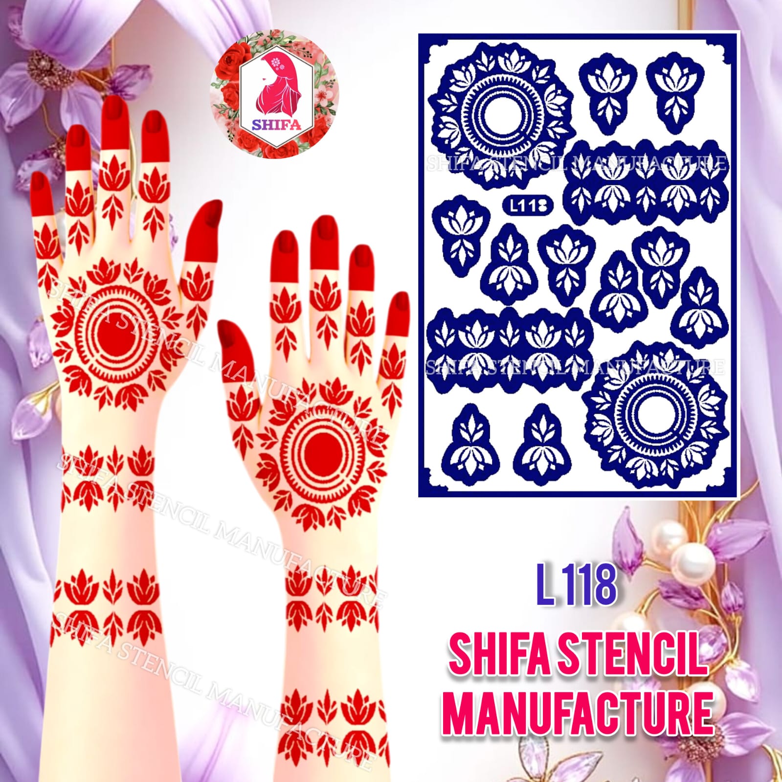 L118 Lotus Mandala Grace Sticker Overview Henna Stencil - Shifa Stencil